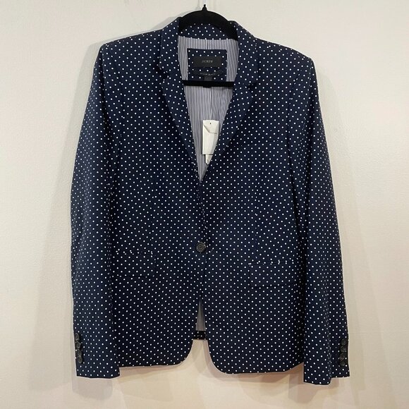 New J.Crew 100% Linen Regent Polka Dot Blazer Navy 12 $188 - Picture 2 of 6
